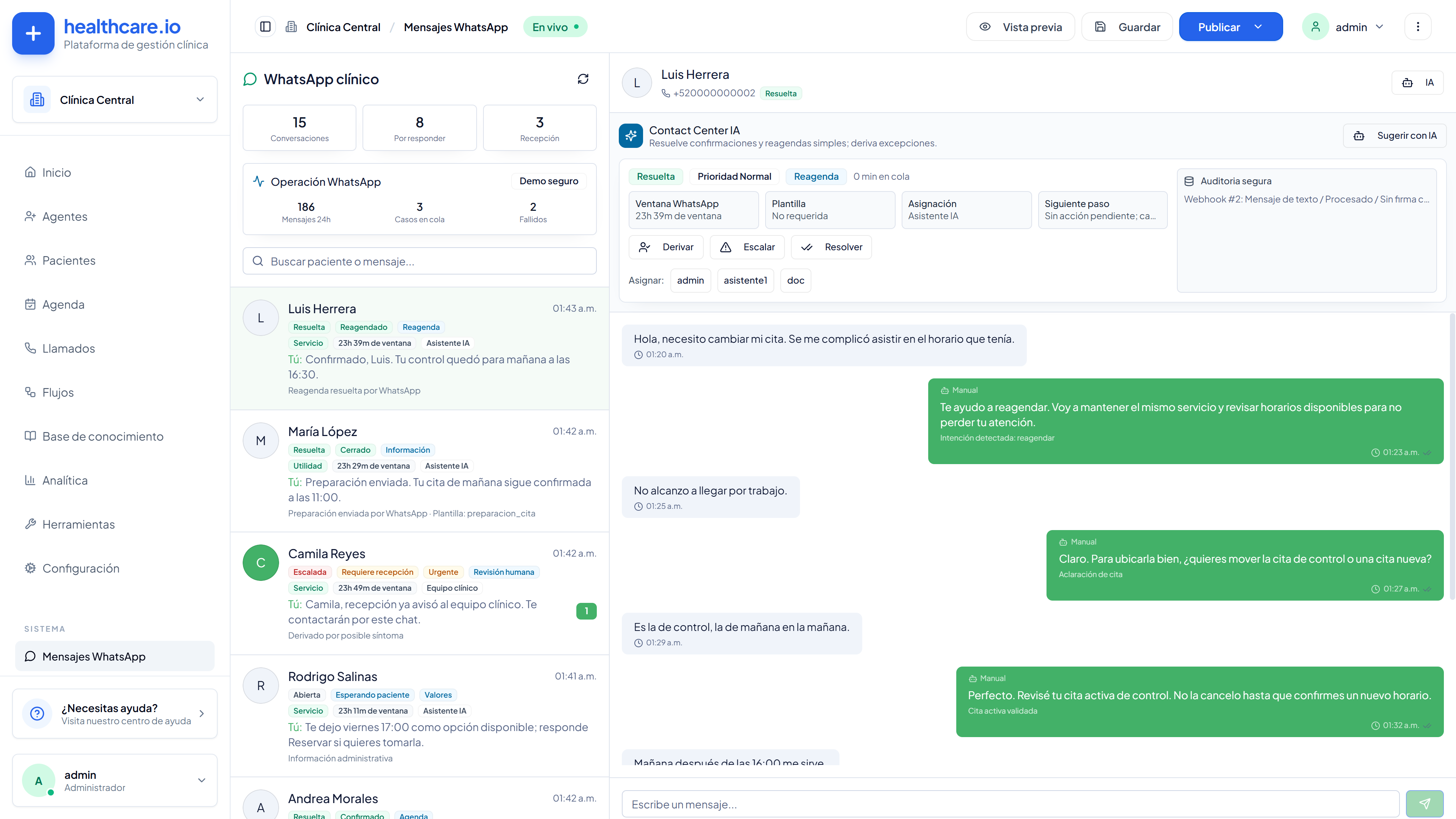 WhatsApp clínico en Healthcare.io