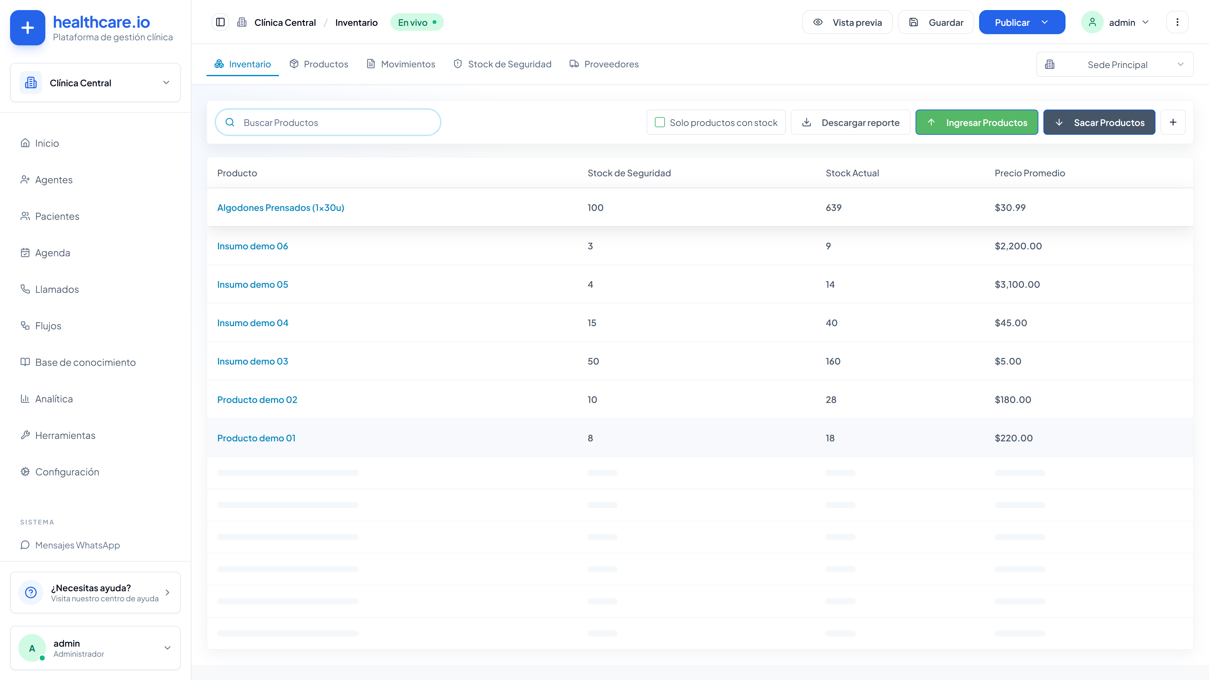 Inventario e insumos en Healthcare.io
