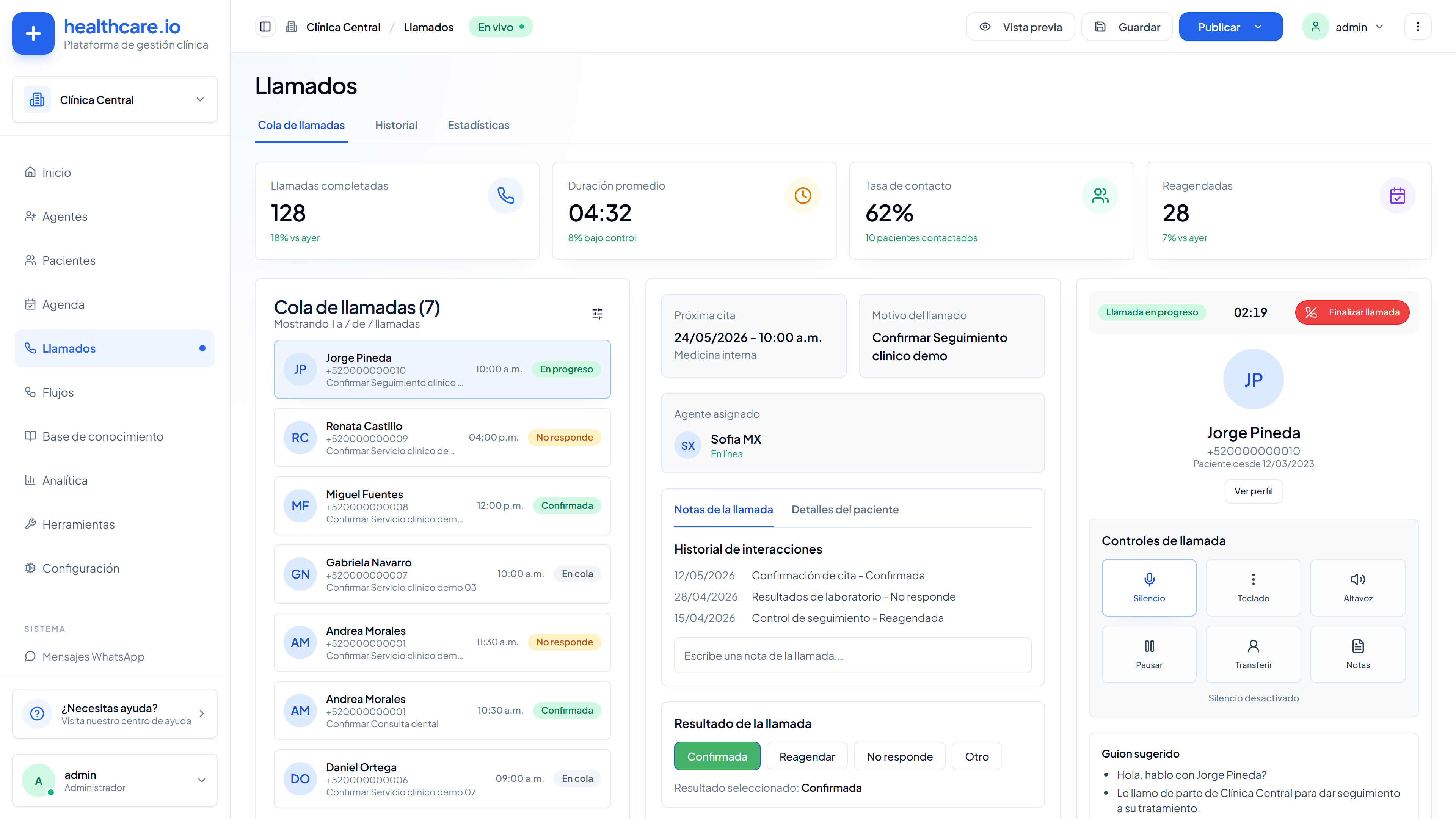 Contacto y llamados en Healthcare.io